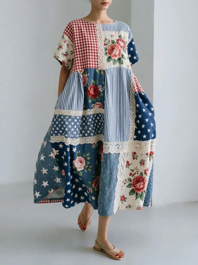 Women's Casual Patchwork Floral Print Short-Sleeve Dress