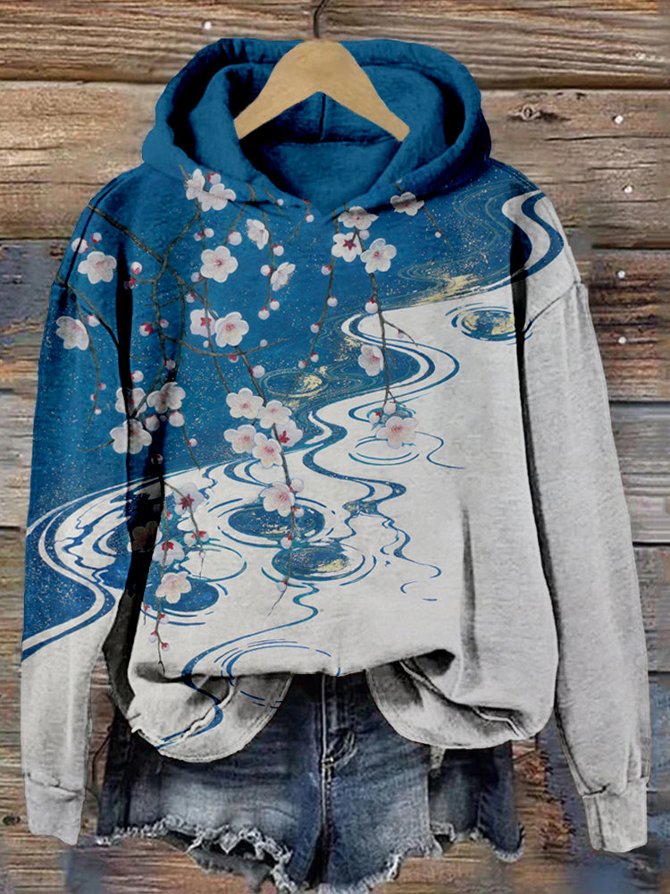 Vintage Plum Blossom Japanese Art Cozy Washed Hoodie