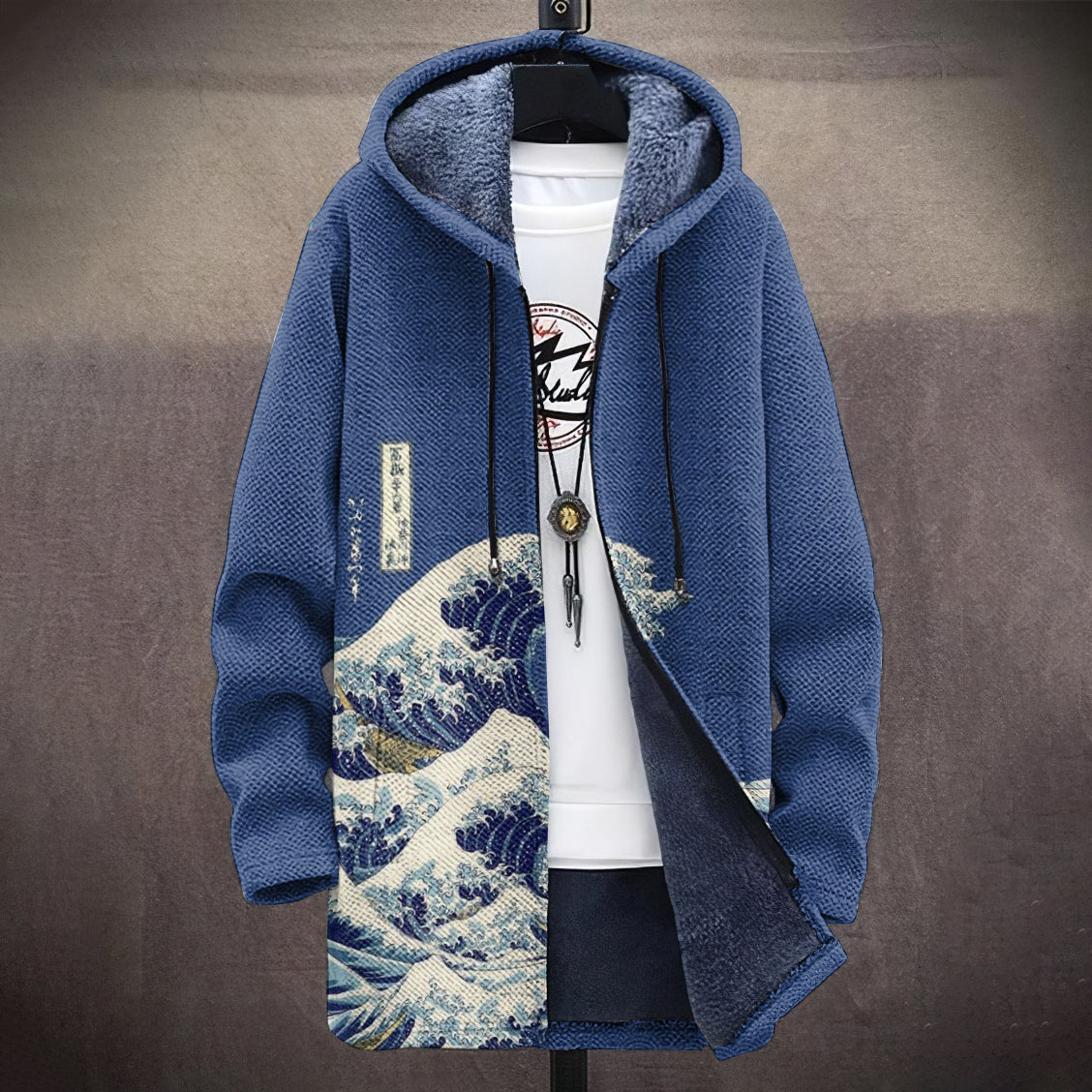 Men's Vintage Wave Japanese Art Cozy Hooded Cardigan