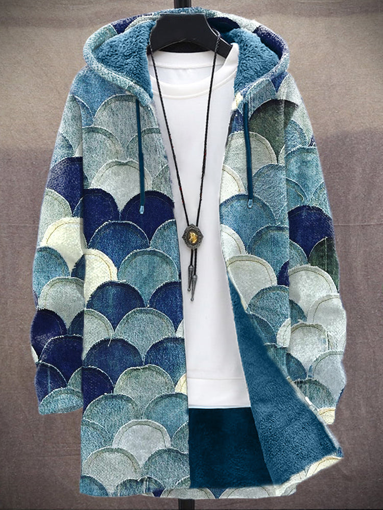 Vintage Denim Patchwork Art Cozy Hooded Cardigan