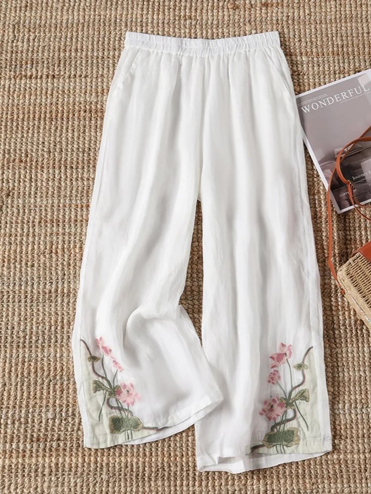 Women's Retro Color Block Floral Cotton Linen Pocket Casual Trousers