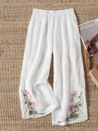 Women's Retro Color Block Floral Cotton Linen Pocket Casual Trousers