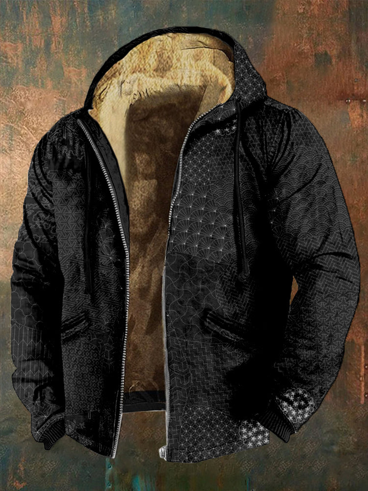 Men's Japanese Traditional Sashiko Art Full Zip Casual Hoodie
