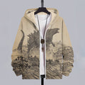 Vintage Godzilla Japanese Art Casual Hooded Zip Up Jacket