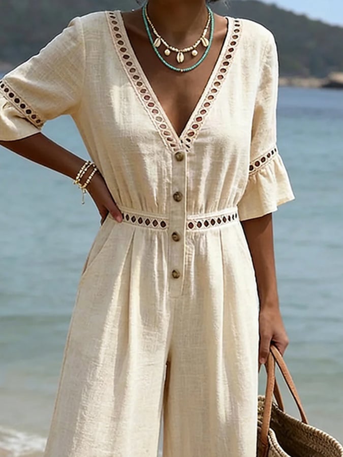 Women's Casual V-Neck Cutout Patchwork Loose Jumpsuit