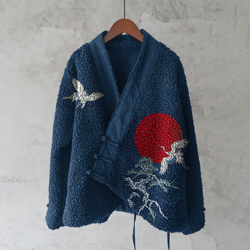 Japanese Style Mountain Sunset Art Plush Cardigan