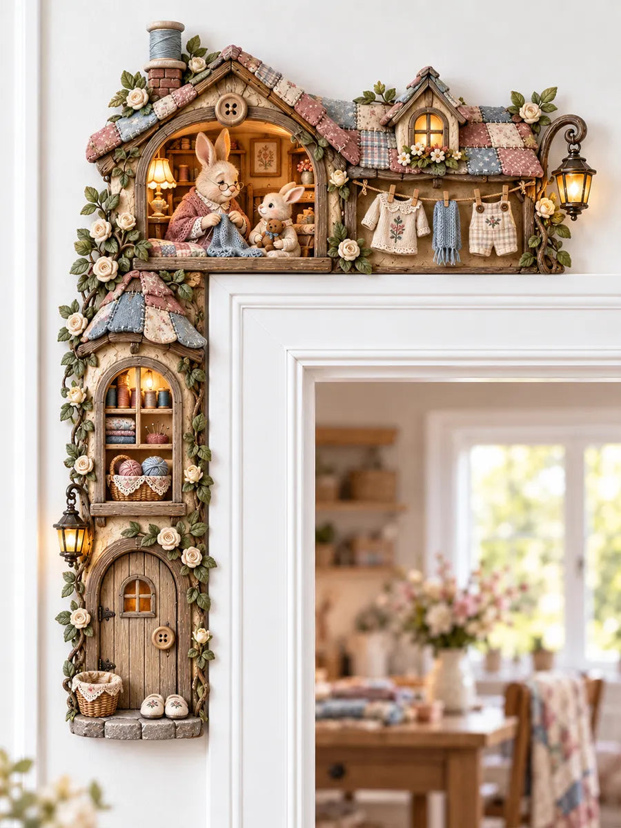 Enchanted Bunny Family Cottage Door Corner Decor