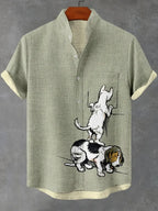 Men'S Funny Puppy Meet Something Graphics Art Linen Blend Shirt