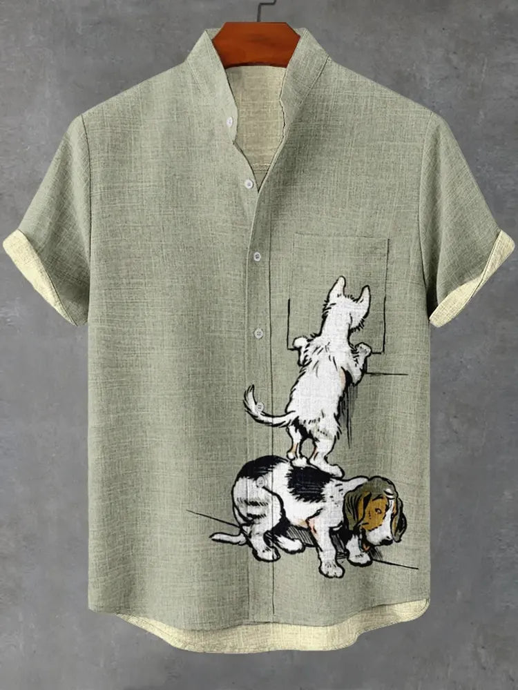 Men'S Funny Puppy Meet Something Graphics Art Linen Blend Shirt
