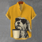 Men'S Funny Puppy Drinking Coffee Graphics Art Linen Blend Shirt