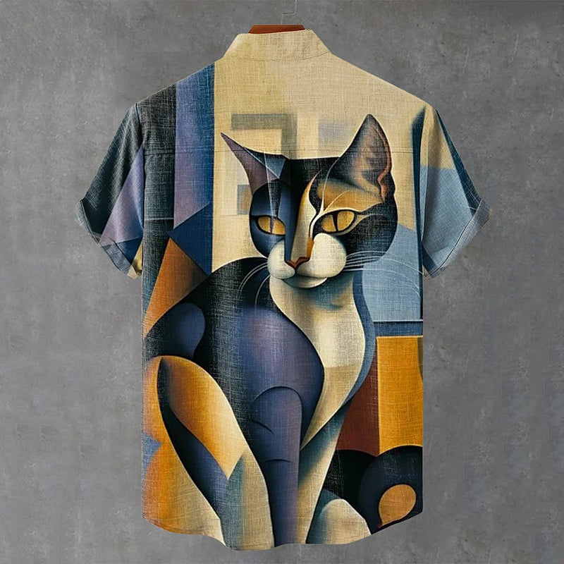 Men'S Vintage Cat Abstract Art Print Linen Blend Cozy Shirt