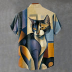 Men'S Vintage Cat Abstract Art Print Linen Blend Cozy Shirt