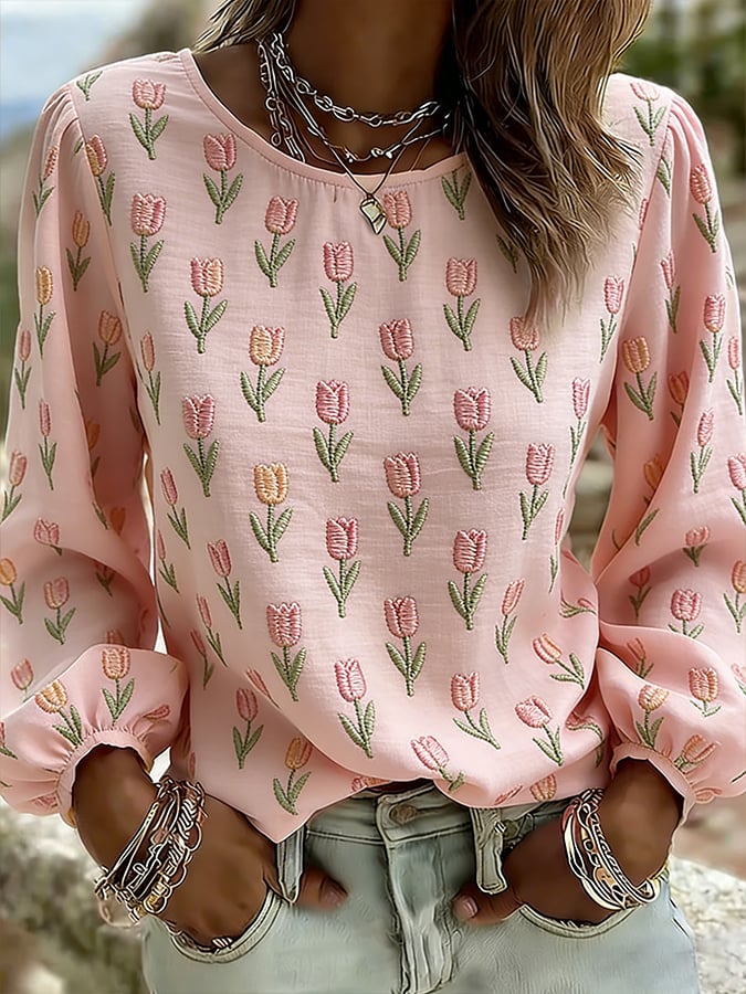 Women's Casual Floral Print Long-Sleeved Top