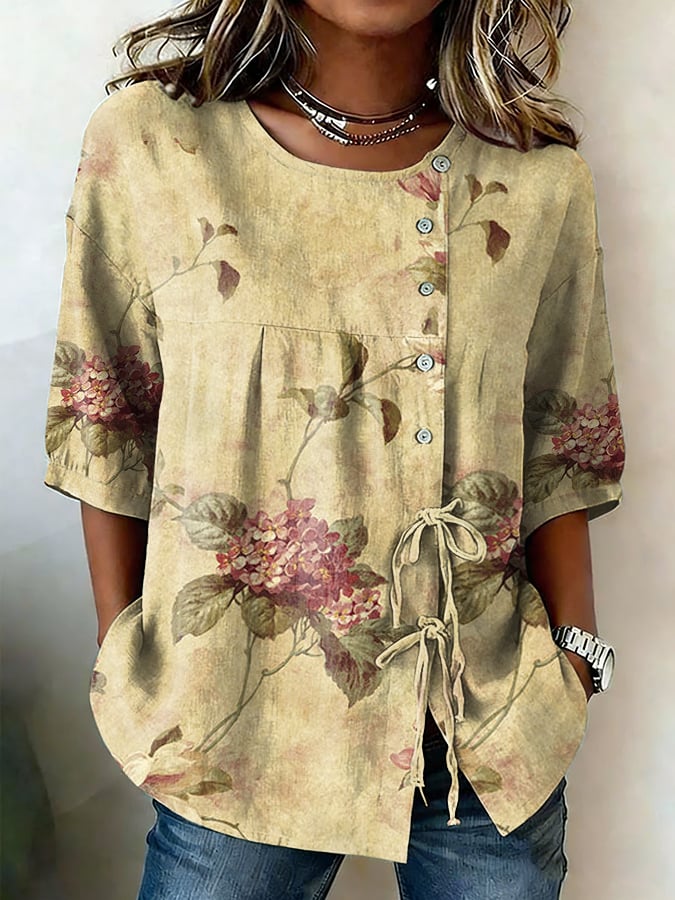 Women's Casual Purple Floral Art-Style Cotton-Linen Shirt