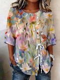 Women's Retro Floral Button Lace Up Tie Shirt
