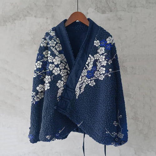 Japanese Floral Lino Art Cozy Fleece Kimono Cardigan