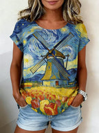 Women's Casual Oil Painting Cotton Linen Print Top