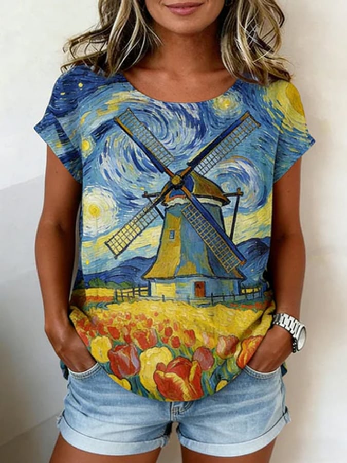 Women's Casual Oil Painting Cotton Linen Print Top