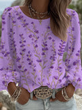 Women's Casual Purple Floral Print Long-Sleeved Top