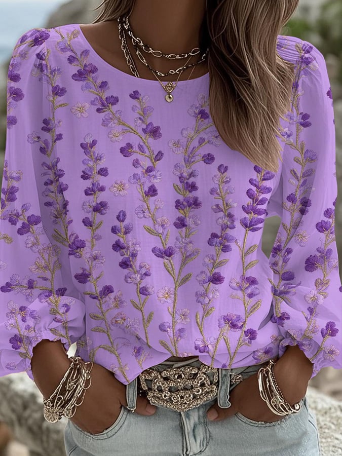 Women's Casual Purple Floral Print Long-Sleeved Top