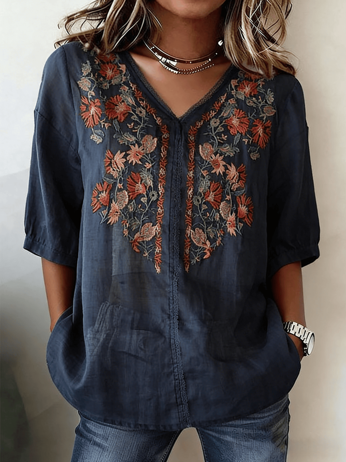 Women's Retro Floral Embroidered Cotton Linen V-Neck Blouse