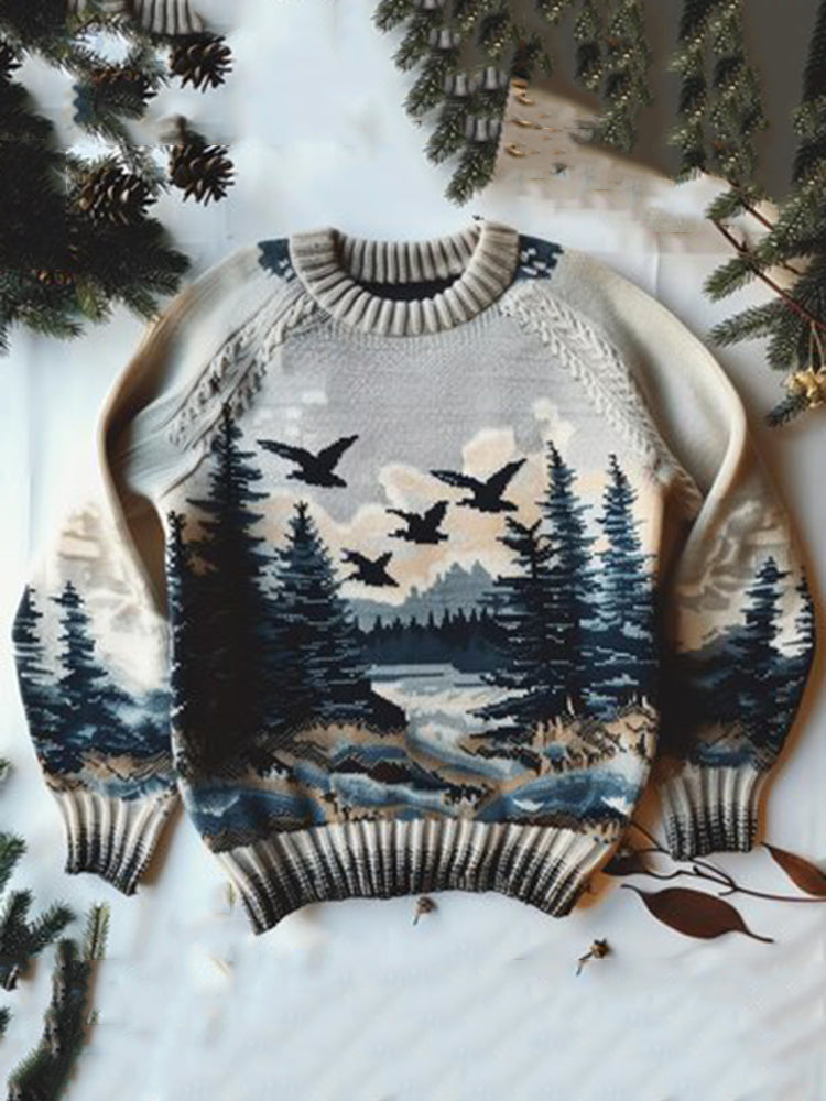 Vintage Forest And Birds Pattern Warmth Knitted Jacquard Unisex Sweater