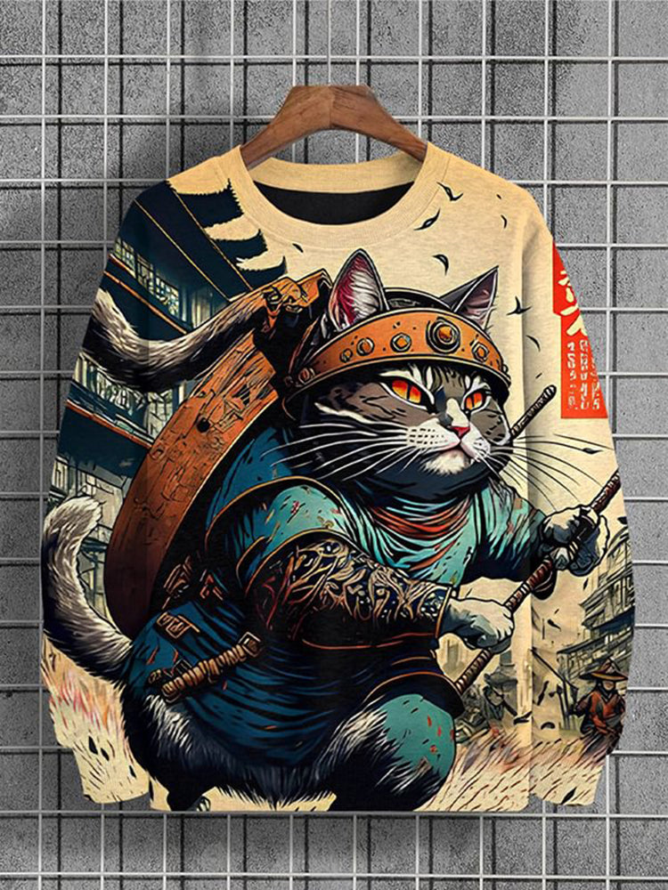 Men's Japanese Samurai Cat Art Print Casual Sweatshirt