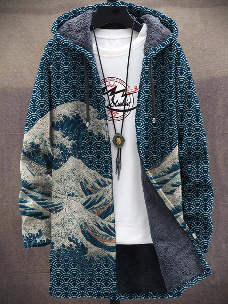 Men's Great Wave Japanese Art Cozy Hooded Cardigan