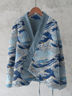Vintage Japanese Waves Art Cozy Fleece Kimono Cardigan