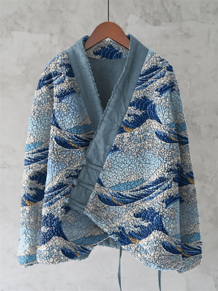 Vintage Japanese Waves Art Cozy Fleece Kimono Cardigan