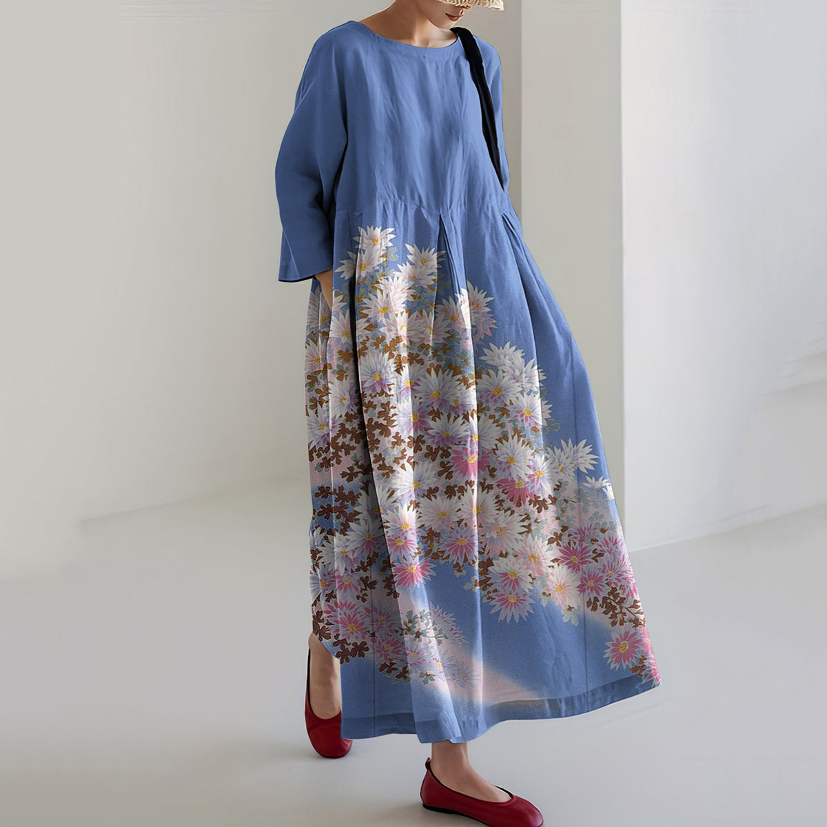 Vintage Japanese Art Color Block Floral Printed Casual Midi Dress