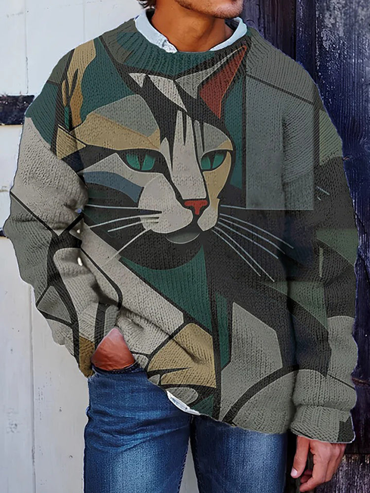 Men'S Abstract Fun Geometric Cat Art Print Knit Sweatshirt