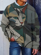Men'S Abstract Fun Geometric Cat Art Print Knit Sweatshirt