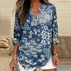 Vintage Japanese Art Flower Print V-Neck Loose Blouse