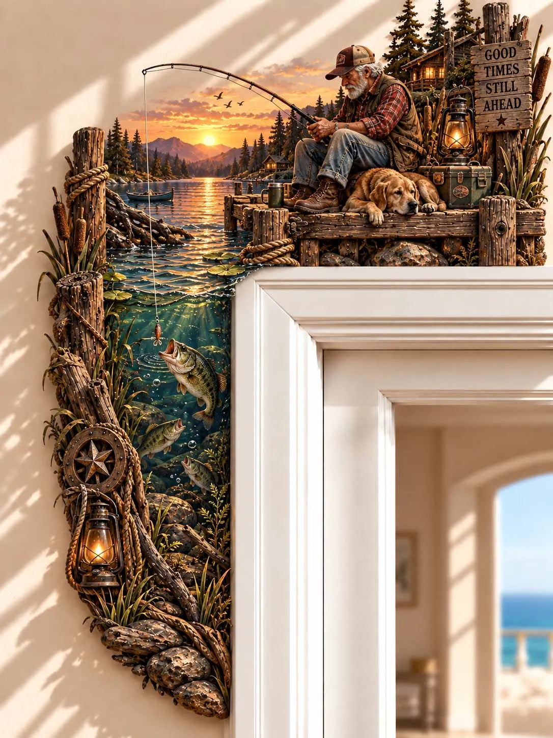 🎣 Good Times Still Ahead Fisherman & Dog Door Corner Decor
