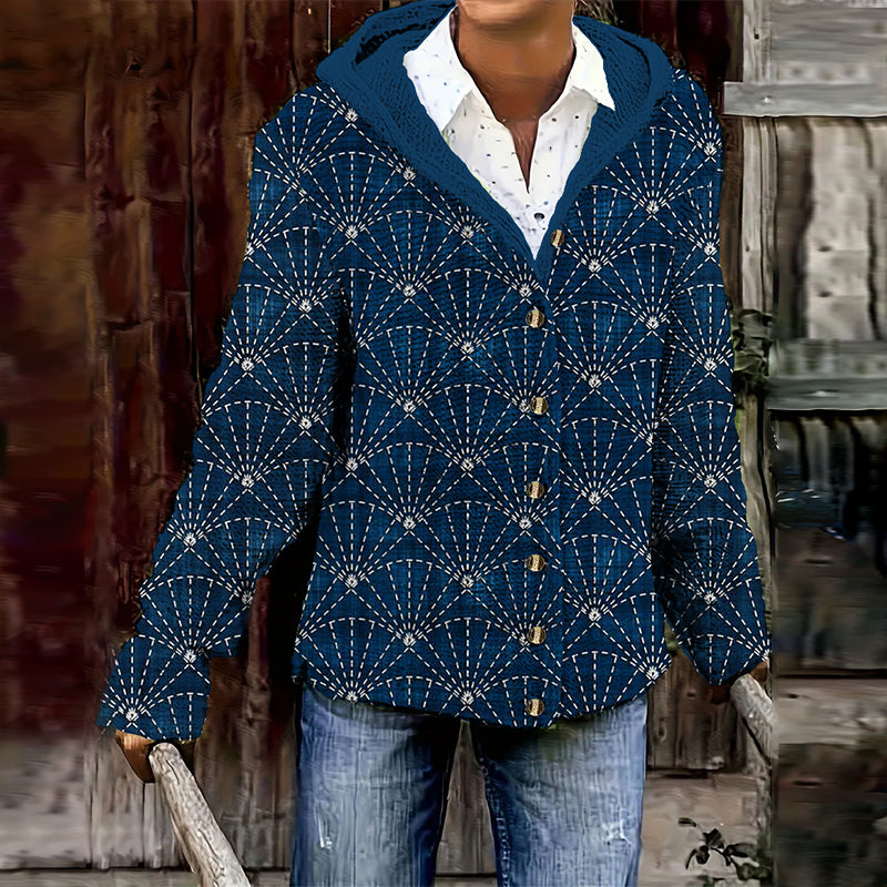 Japanese Scalloped Stitch Art Women's Hooded Sweater Jacket