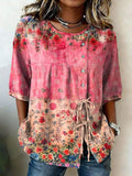 Women's Retro Floral Button Lace Up Tie Shirt