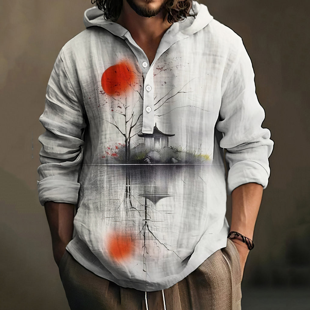 Men's Japanese Art Linen Blend Casual Hooded Shirt