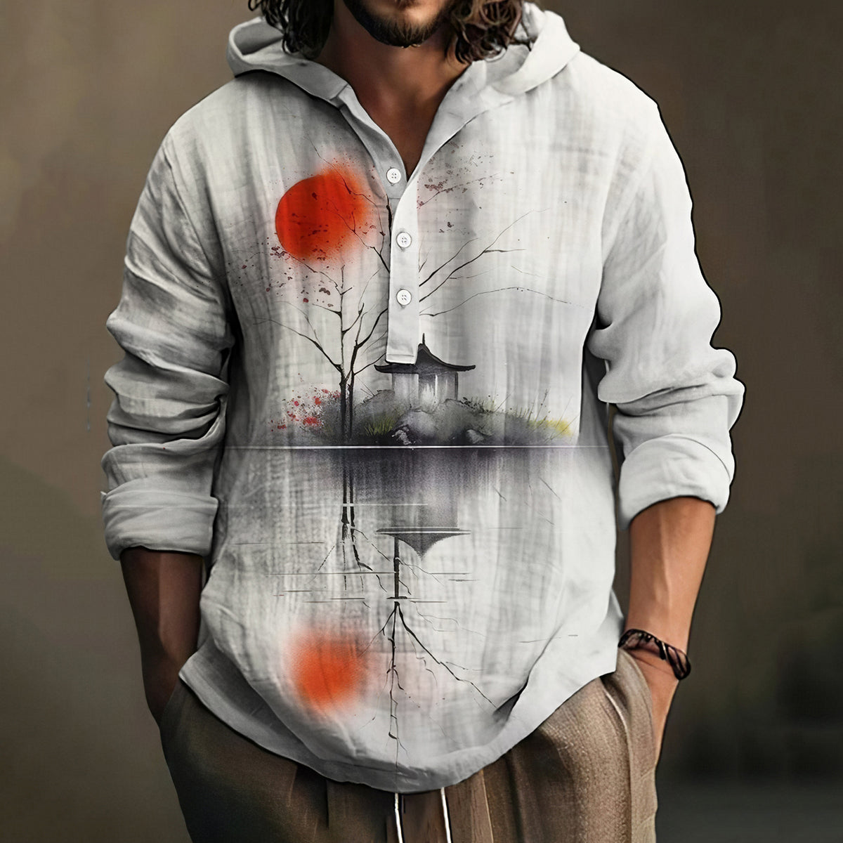 Men's Japanese Art Linen Blend Casual Hooded Shirt
