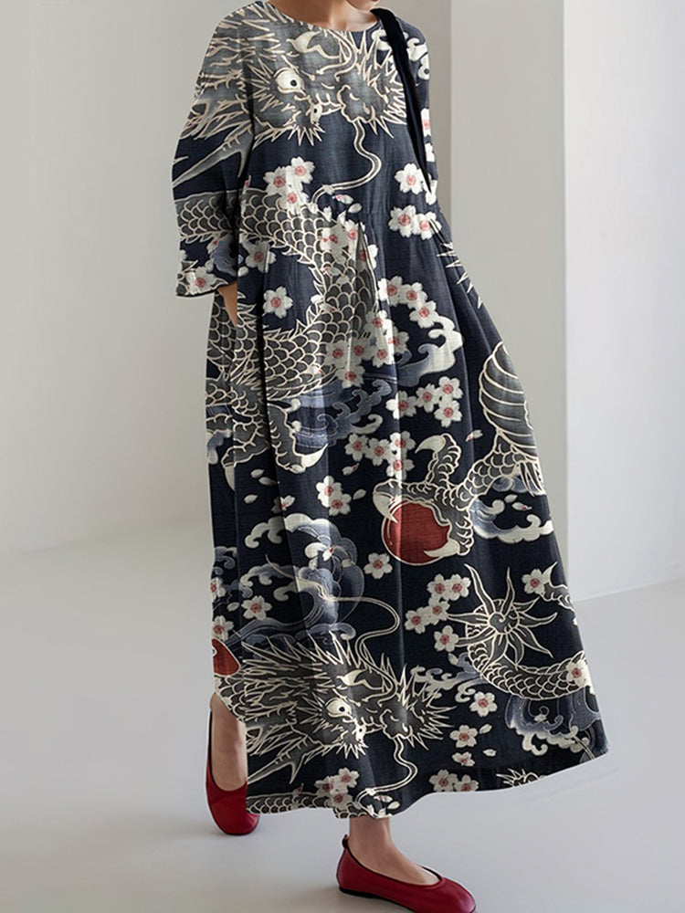 Vintage Japanese Art Print Midi Dress