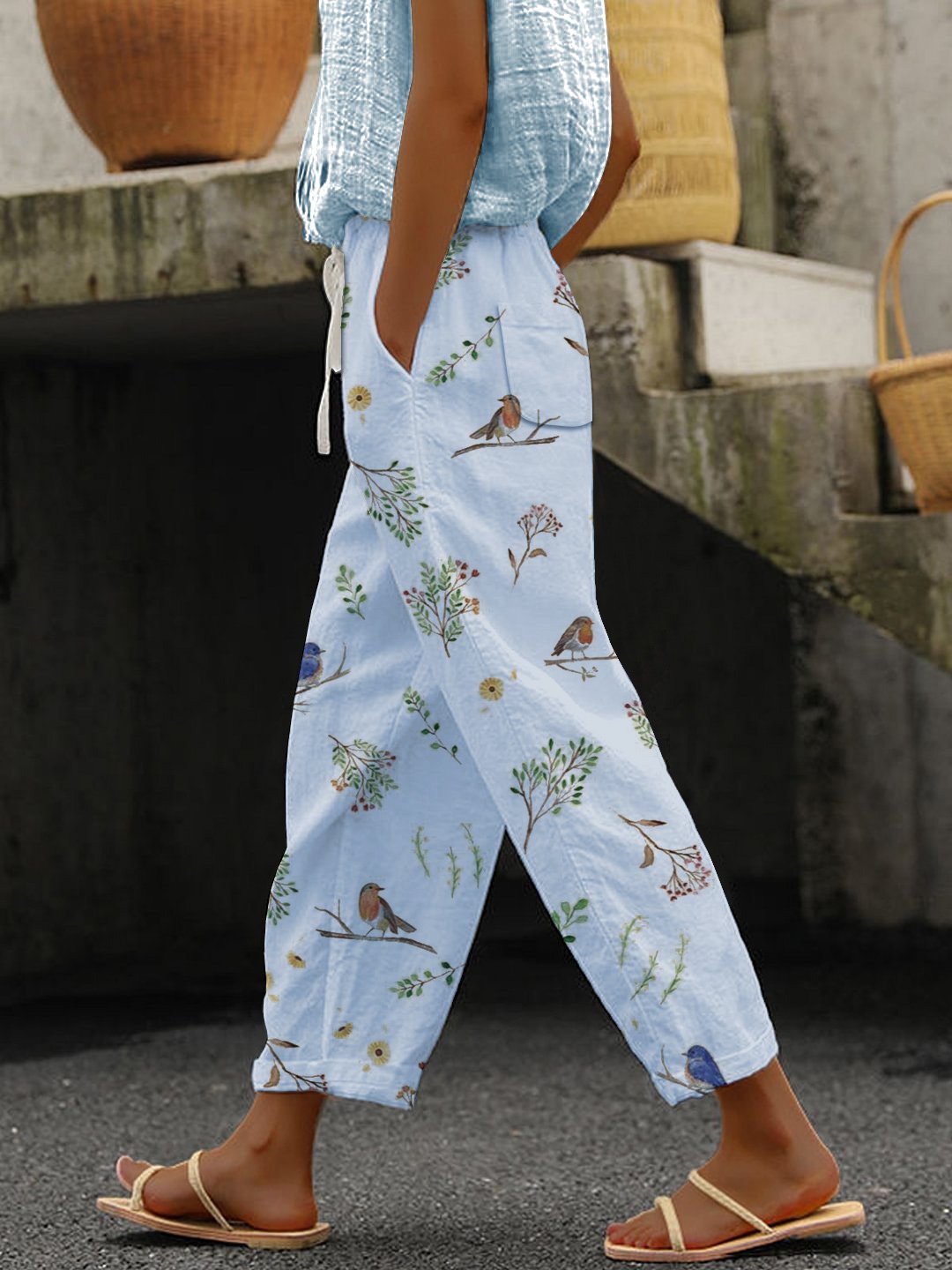 Women's Casual Cotton-Linen Trousers with Floral and Bird Print (With Pockets)
