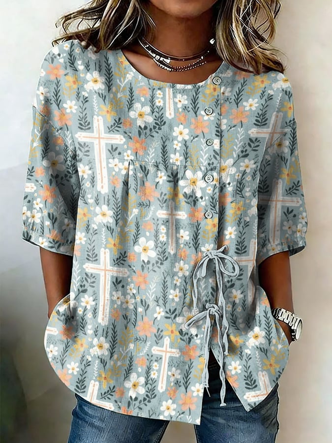 Women's Retro Faith Floral Print Top