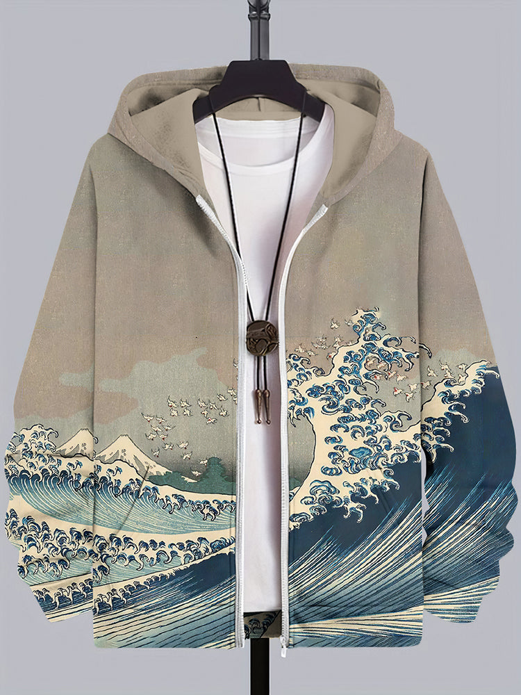 Vintage Japanese Waves Art Print Casual Hooded Zip Up Jacket