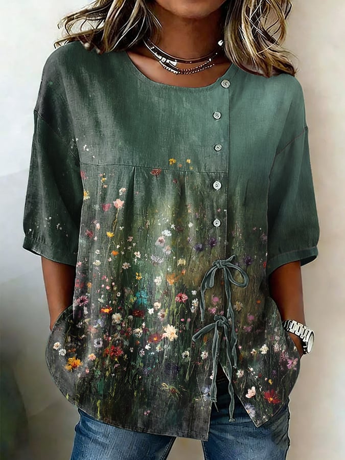 Women's Retro Floral Button Lace Up Tie Shirt
