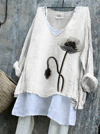 Black Poppy Flower Beaded Fiber Art Linen Blend Tunic
