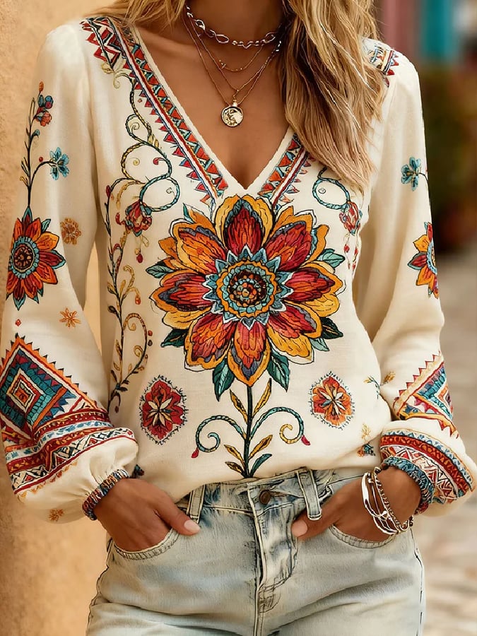 Women's Casual Floral V-Neck Shirt