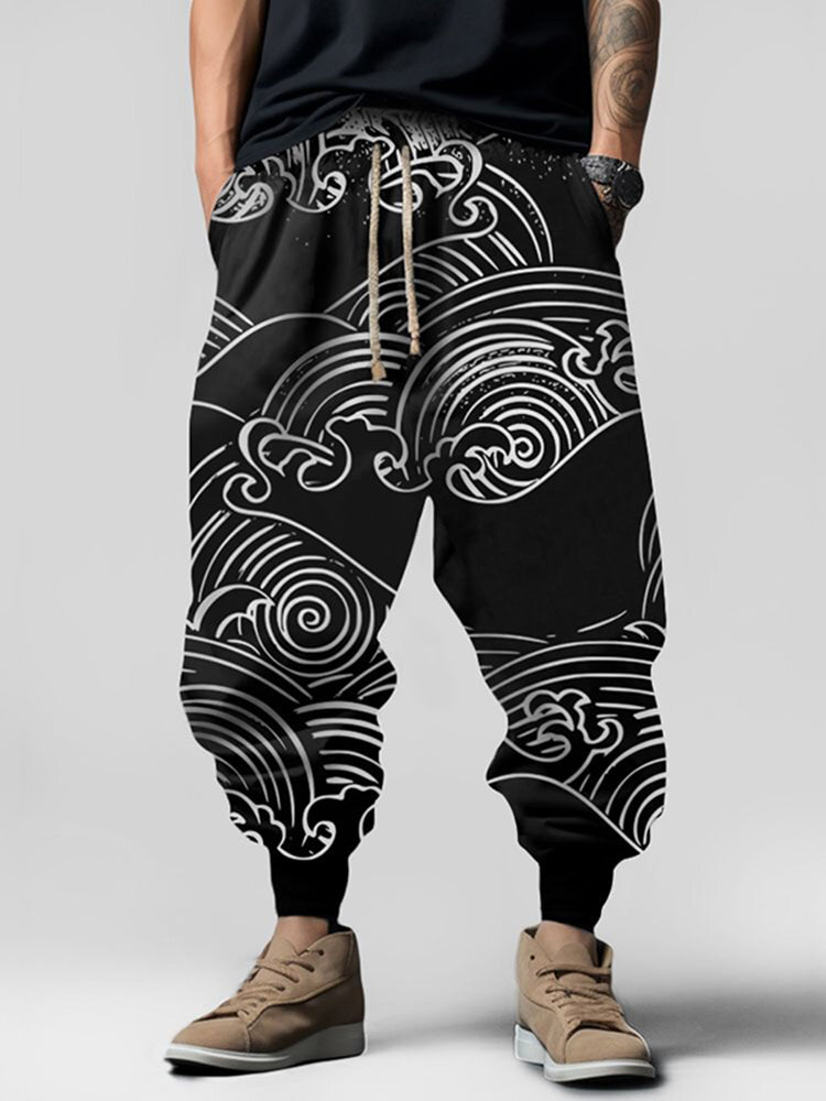 Vintage Japanese Wave Art Print Pattern Casual Loose Drawstring Waist Sweatpants