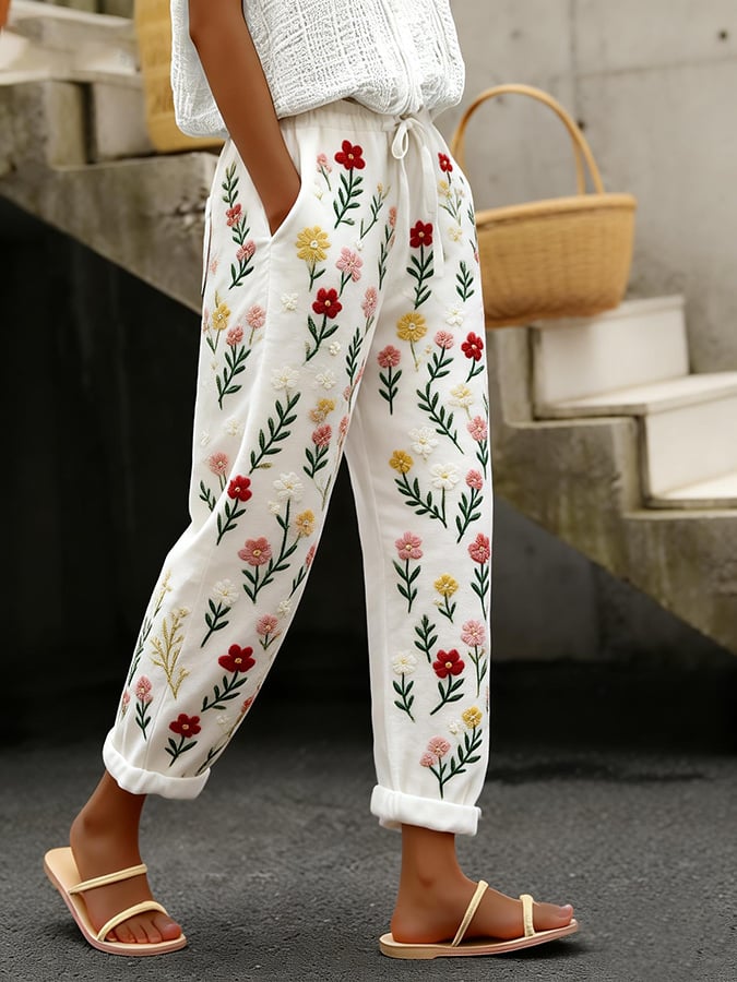 Women's Casual Vintage Floral Cotton and Linen Pants (With Pockets)