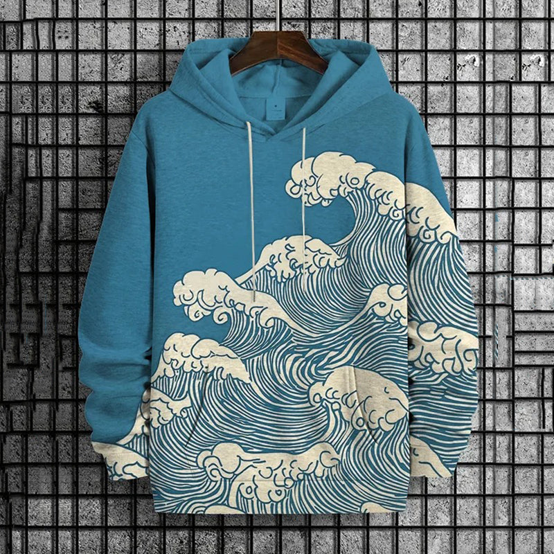 Men's Ocean Wave Japanese Woodblock Print Casual Hoodie