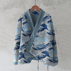 Vintage Japanese Waves Art Cozy Fleece Kimono Cardigan